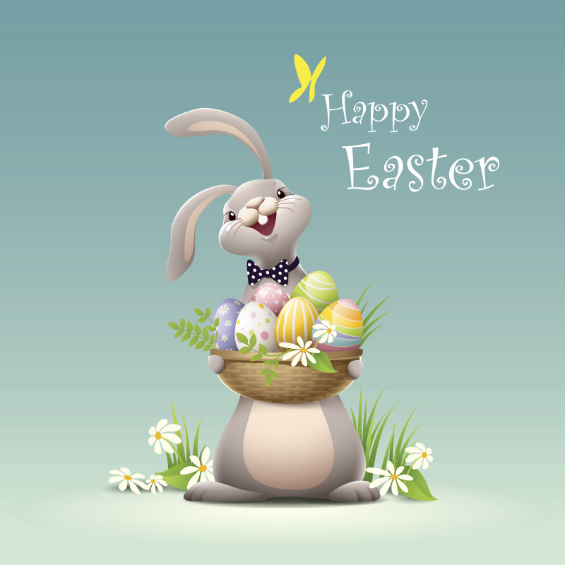 复活节兔子抱着装满鸡蛋的篮子快乐图片下载