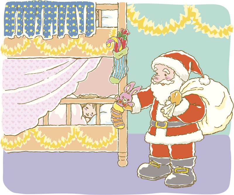 圣诞老人送圣诞礼物时孩子们睡觉的图画图片下载