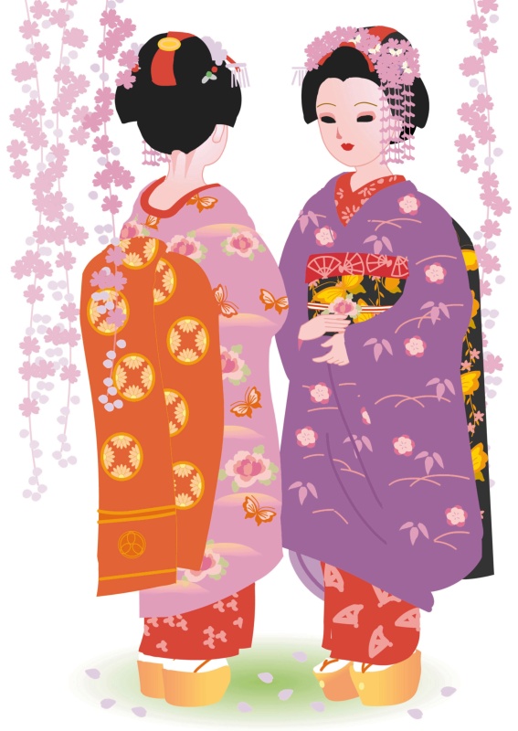 日本的春天，两个穿着日式服装的女人站着聊天图片下载