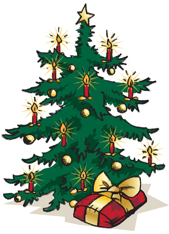 一棵圣诞树和一份包装好的大礼物图片下载