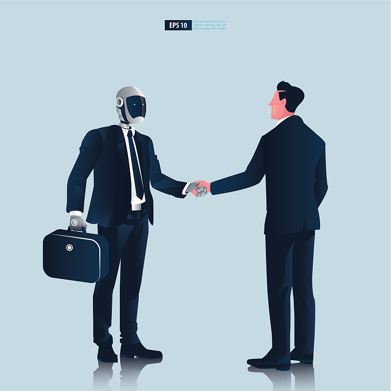 具有人工智能技术概念的未来类人商务人士。商人和机器人握手协商矢量图下载