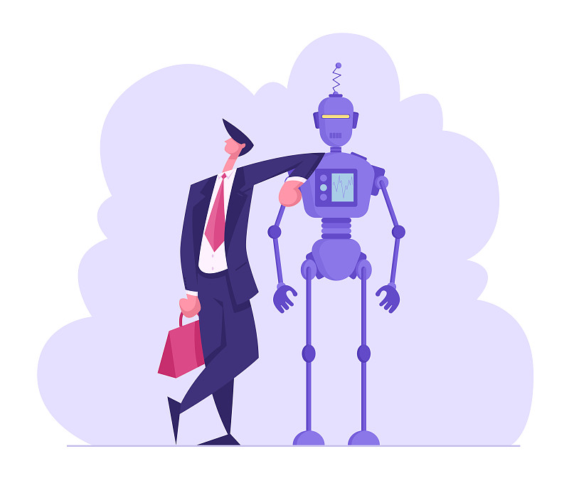 人工智能与人类沟通的概念。商人性格依靠机器人、人类和半机械人在办公室工作。未来技术，智能设备卡通平面矢量插图图片下载