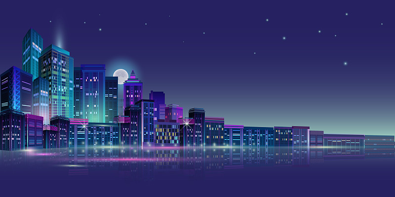 夜晚的城市全景与月光和霓虹灯。矢量插图。图片下载