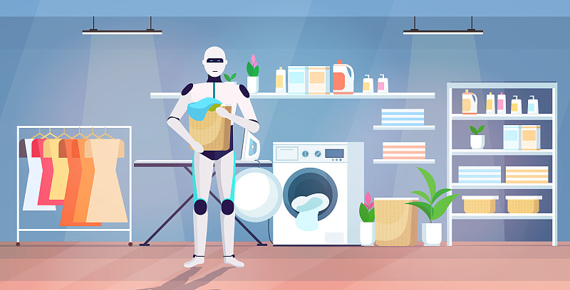 机器人将脏衣服放入洗衣机人工智能技术家政概念现代洗衣房内部全长水平图片下载
