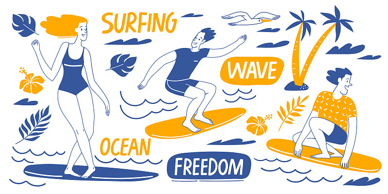 冲浪动机矢量设计与人，海洋元素和字母图片下载