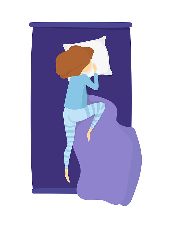 向量熟睡的女孩在蓝色睡衣躺在床上插图孤立在白色背景上图片