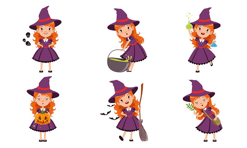 可爱的小女巫卡通人物集合，可爱的红头发女孩在不同的情况下紫色的裙子和帽子矢量插图图片素材