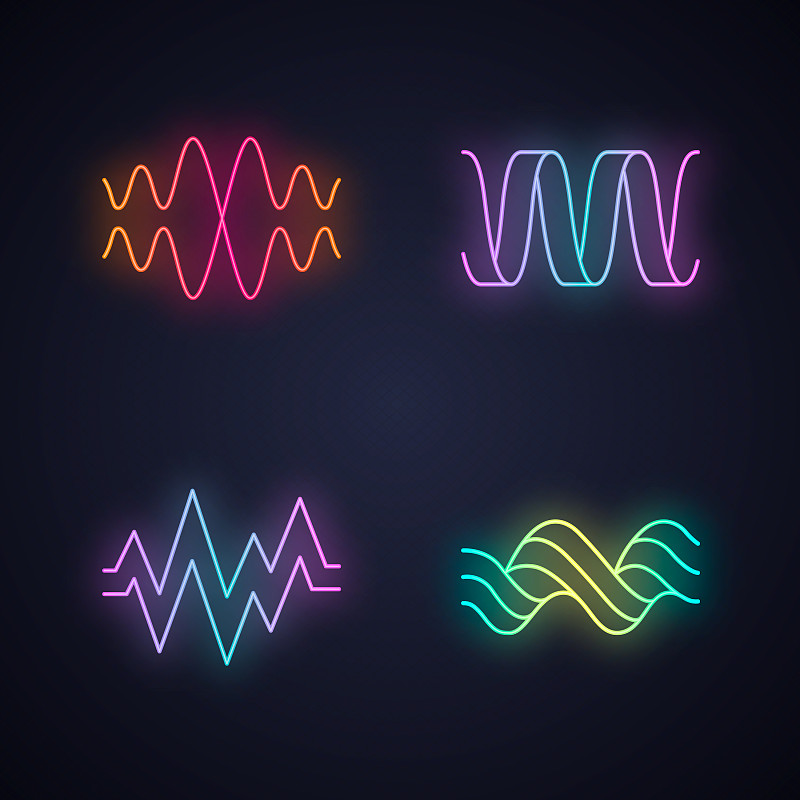 声波霓虹灯图标集。音频电波。音乐的频率。声音线，重叠的声波。心脏的节奏，跳动，脉搏。抽象的数字波形。发光的迹象。向量孤立的插图图片下载