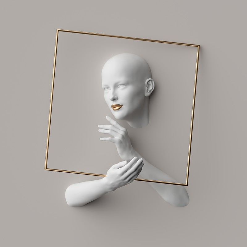 3d渲染，女性人体模型的身体部分在金色的方形框架内，孤立在白色的背景。大胆的头，美丽的脸，美丽的手。珠宝商店橱窗产品展示。最小的时尚肖像图片下载