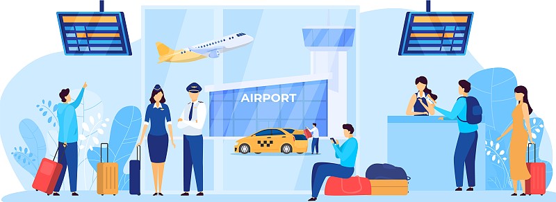 机场服务，机组人员和乘客，人矢量插图图片下载