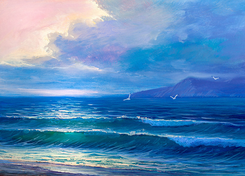 画布上的海洋和海滩的原始油画。海上的金色落日。图片素材