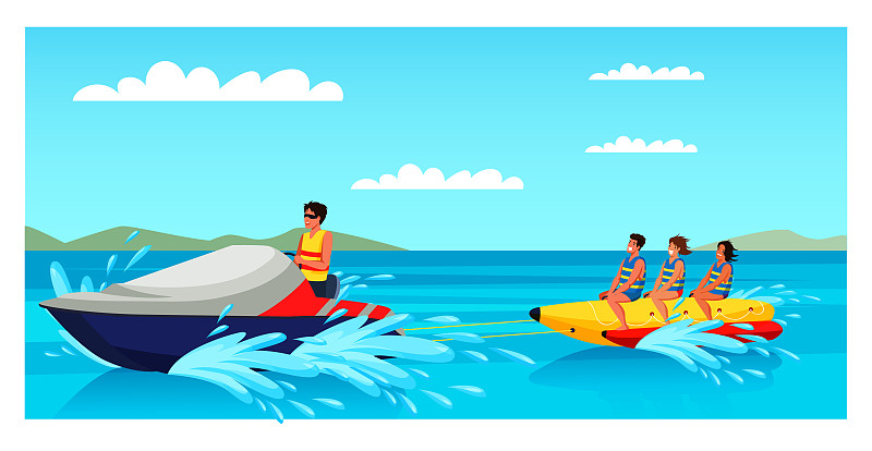 阳光灿烂的日子里，快乐的游客乘坐香蕉船图片素材