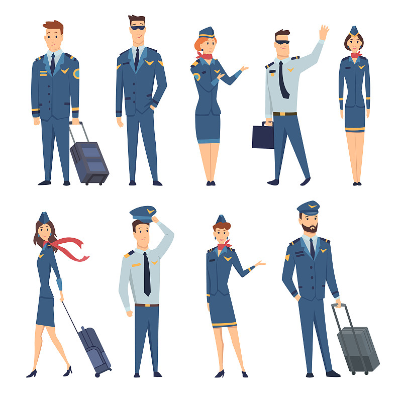 微笑的民航空姐、飞行员、机组机长和穿着制服的飞行员组成的团队。快乐的卡通人物。彩色矢量插图在平面风格图片素材
