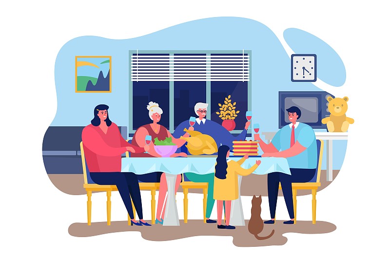 家庭晚餐矢量插图，卡通扁幸福的人一起用餐在客厅家居室内，感恩节庆祝晚餐图片下载