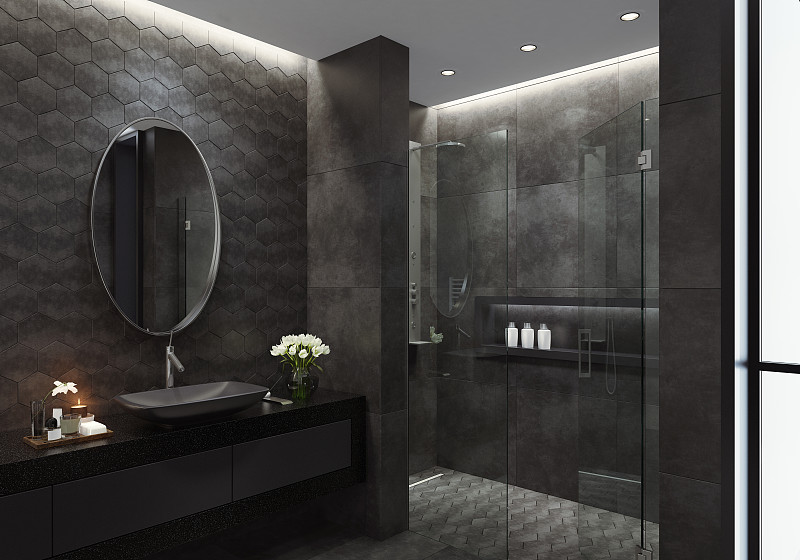 现代全黑色浴室与六角形瓷砖图片素材