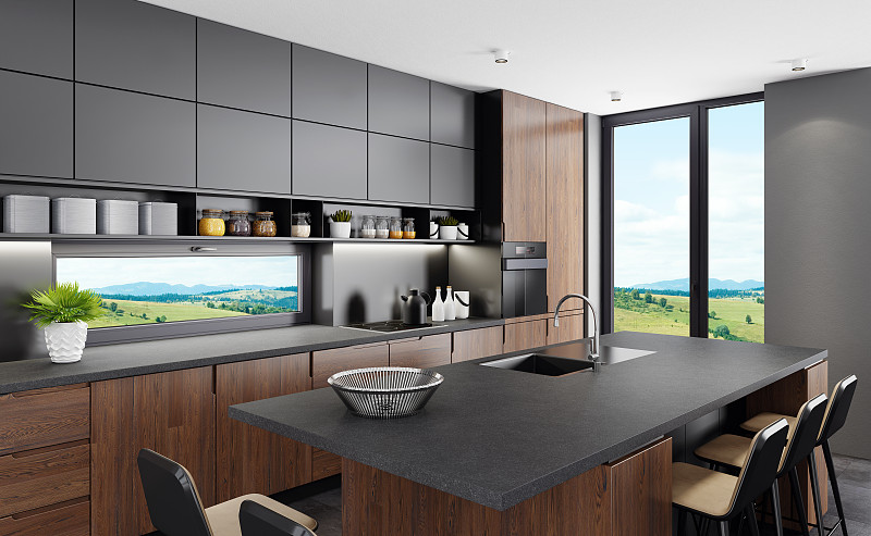 新鲜的哑光黑色厨房与英国橡木橱柜和岛桌在乡村的背景图片下载