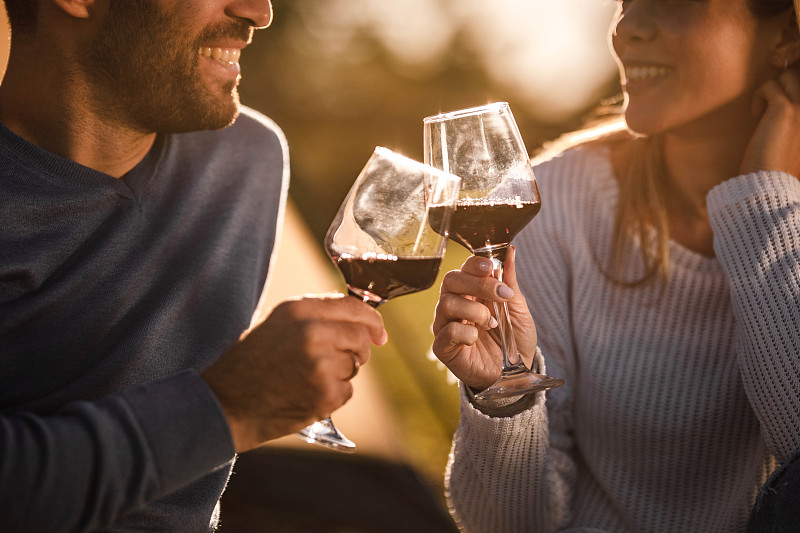 一对夫妇在大自然中与葡萄酒干杯的特写。图片素材