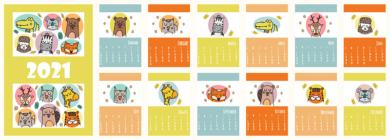 2021年日历。可爱的2021年日历给孩子们。可用于学校或儿童卧室。动物园和动物概念日历。向量模板。图片素材