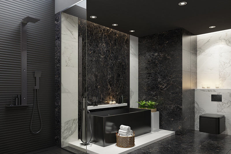 豪华的现代家庭水疗浴室与黑白大理石瓷砖图片下载