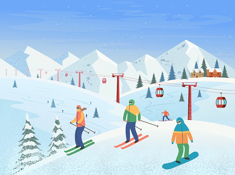 冬季景观有滑雪缆车、高山、人们滑雪、单板滑雪。滑雪胜地。矢量平面插图。图片素材