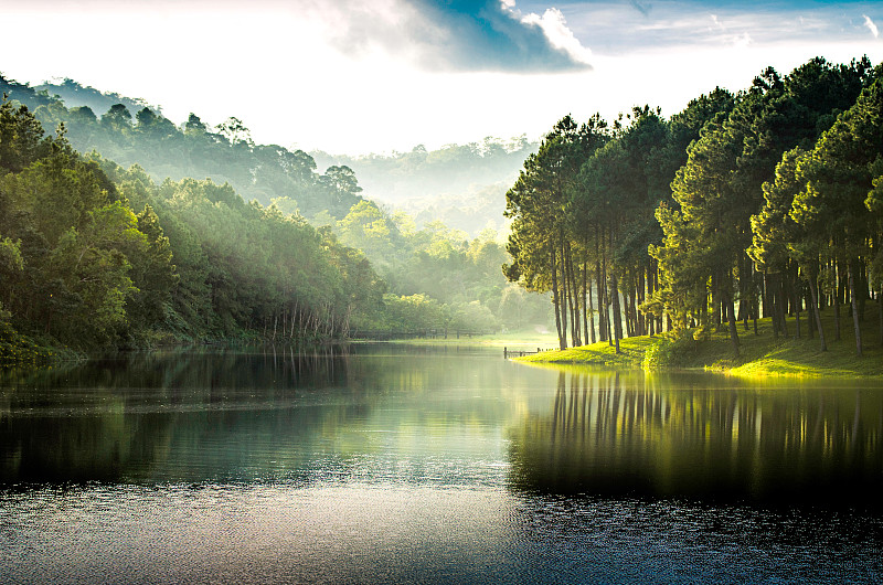 美丽的自然湖泊和森林，庞昂湖和松树林，在泰国Mae Hong Son，泰国的自然景观。庞昂是泰国很受欢迎的旅游目的地图片素材