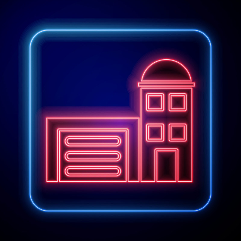 Glowing neon Building of fire station icon isolated on blue background. Fire department building. Vector Illustration图片素材