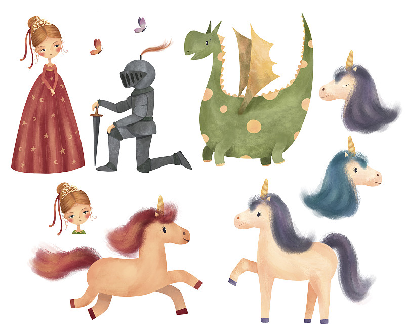 一套可爱的角色-公主，骑士，龙，独角兽和蝴蝶。图片素材