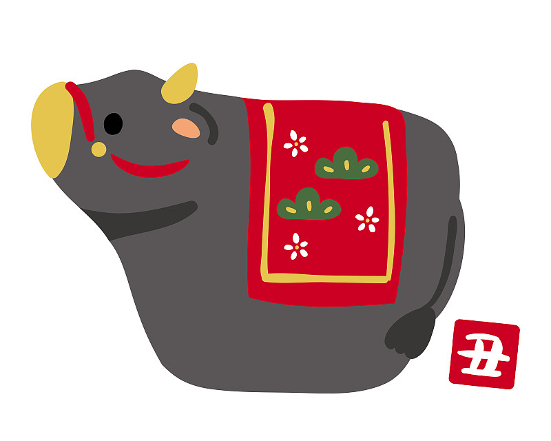 牛年装饰娃娃的插图。“牛”字的邮票是用日语画的。图片下载