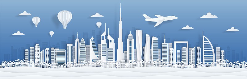 迪拜剪纸。阿联酋天际线城市全景与著名的地标明信片和海报。向量迪拜城市图片下载