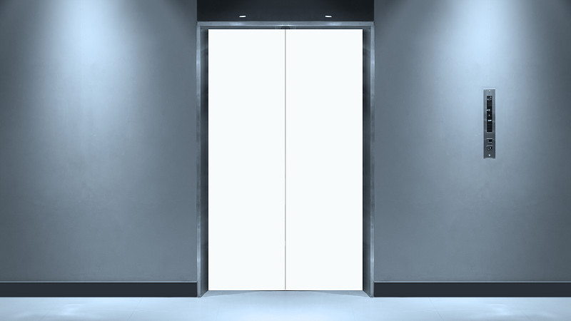 电梯门上空白的垂直广告牌或海报。图片素材
