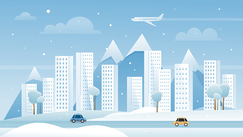 冬季城市，卡通现代城镇都市景观，雪景全景城市景观背景图片素材