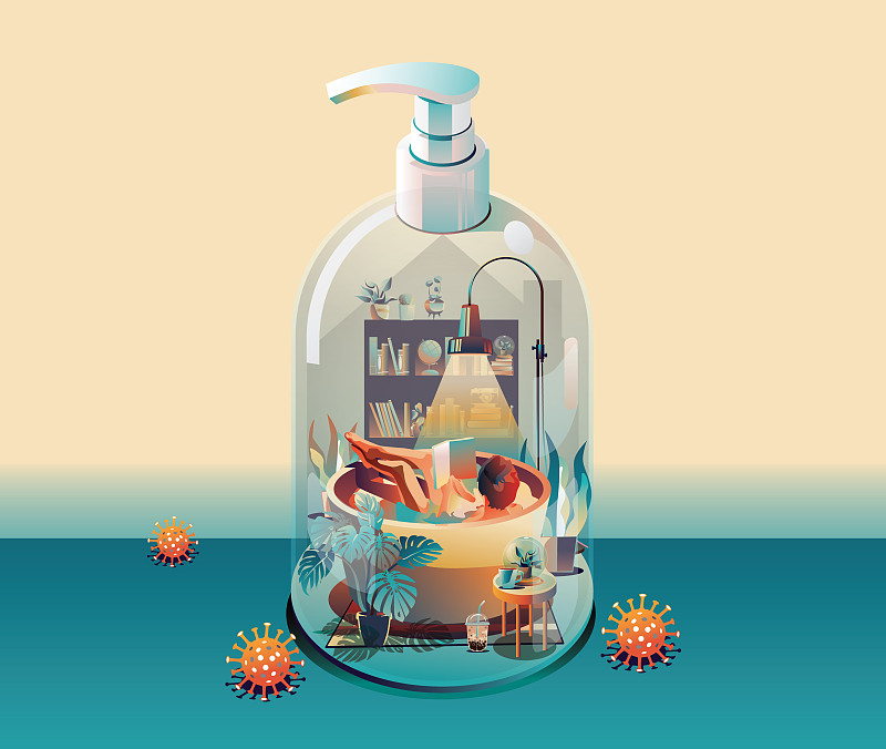 Staying at Home, Quarantine concept. Coronavirus, COVID-19, People working on a laptop in a house transform to gel alcohol bottle on green background with many viruses surrounded. Vector Flat Design图片素材