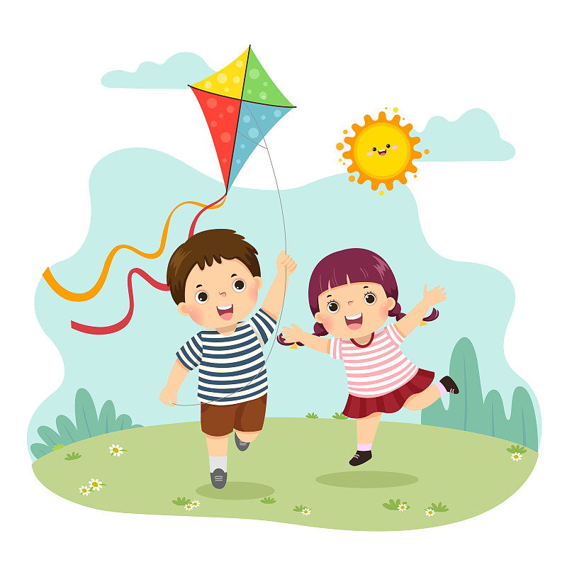 矢量插图卡通的一个小男孩和女孩在放风筝。兄弟姐妹一起玩。图片下载