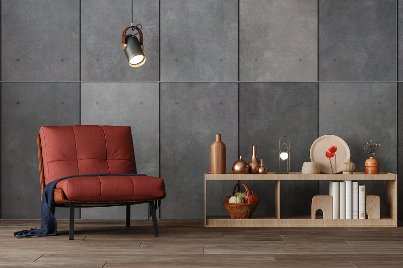 现代客厅内饰:红色扶手椅，橱柜装饰物，灰色墙壁和拼花地板图片下载