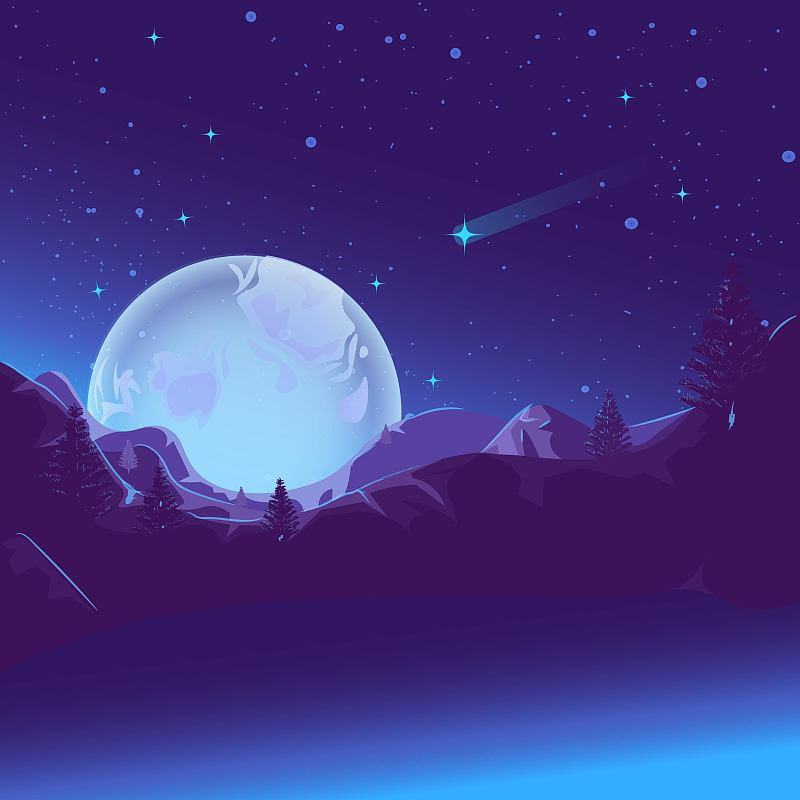 山湖在月光下发光，童话般的插画。彗星、恒星和行星的夜间景观。下载