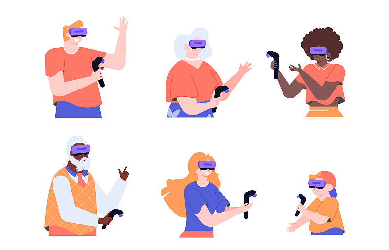 不同年龄段的角色戴着VR眼镜，手里拿着控制器。网络空间，游戏，虚拟现实训练。矢量平面插图。图片下载