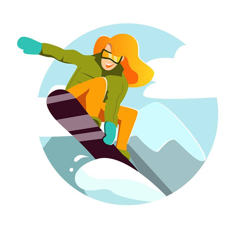 在一个寒冷的阳光明媚的日子里，身穿橄榄色夹克和橙色裤子的红发女孩正在跳上滑雪板。矢量平面插图图片素材