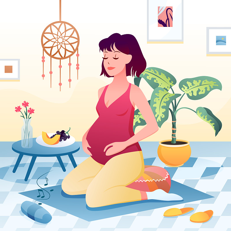 快乐怀孕在家活动，年轻怀孕的瑜伽师性格做瑜伽练习图片素材