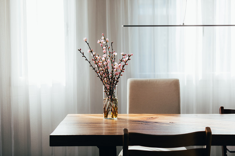 客厅木桌上花瓶里的杏花枝。图片下载