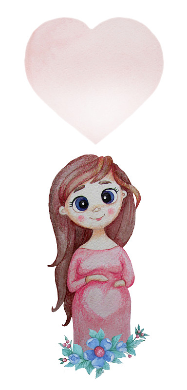 未来的母亲。可爱快乐的孕妇长头发，粉红色的裙子，在一束鲜花。在她的上方是一颗大而嫩的粉红色心脏。水彩。白色背景上的垂直明信片图片素材