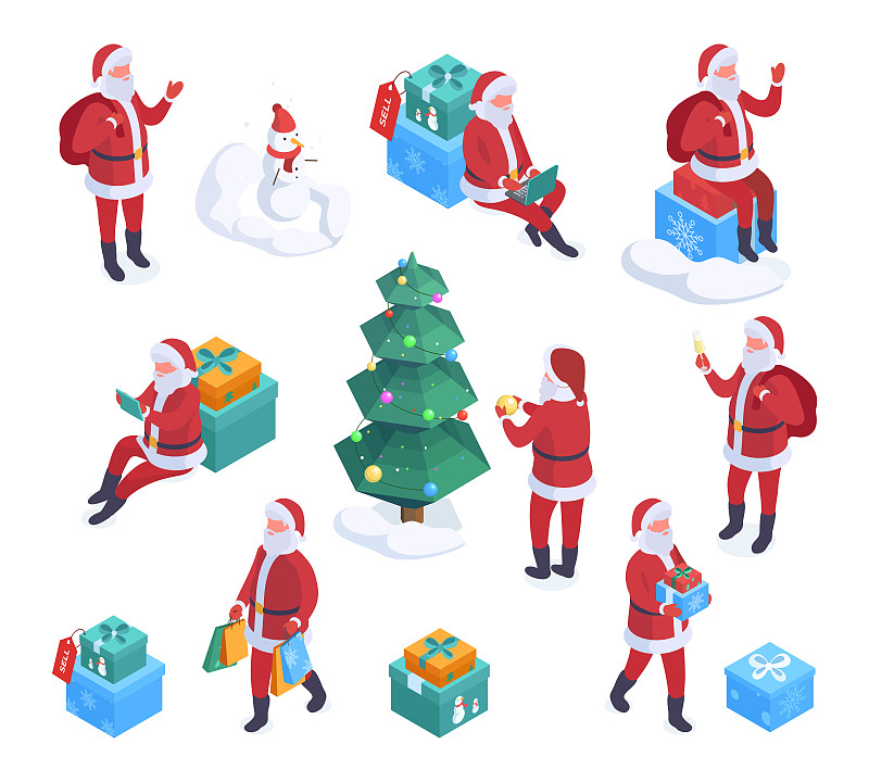 圣诞老人人物、圣诞吉祥物准备礼盒和装饰圣诞树。圣诞老人圣诞节庆祝3d矢量插图集。圣诞假期字符图片下载
