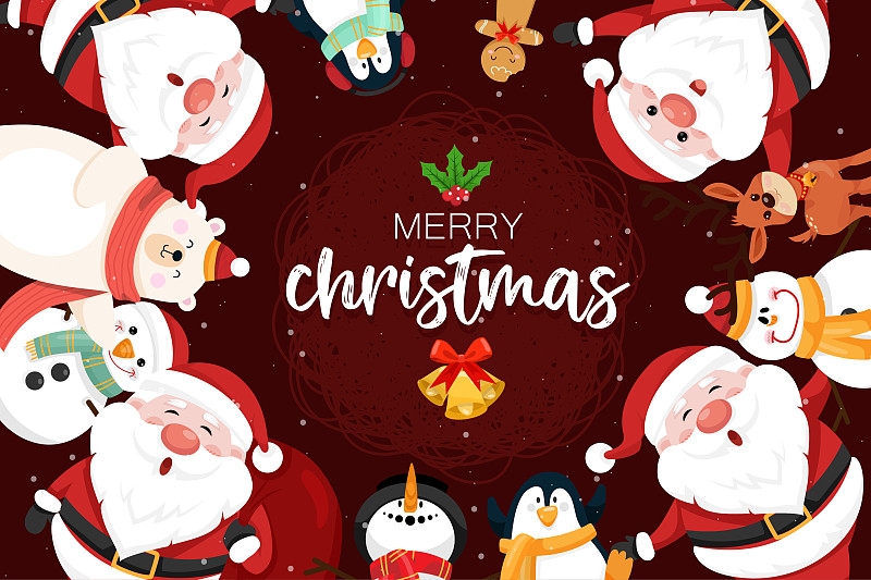 圣诞老人、雪人和企鹅打着圣诞快乐、新年快乐的旗号装着礼物盒图片下载