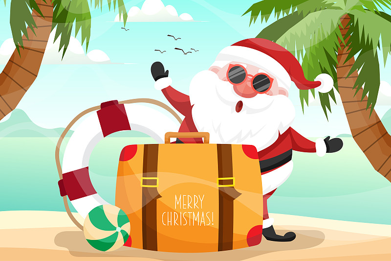 圣诞老人穿着圣诞老人服。夏天圣诞老人带着行李和游泳圈他在海滩上休息热带海洋的背景。图片下载