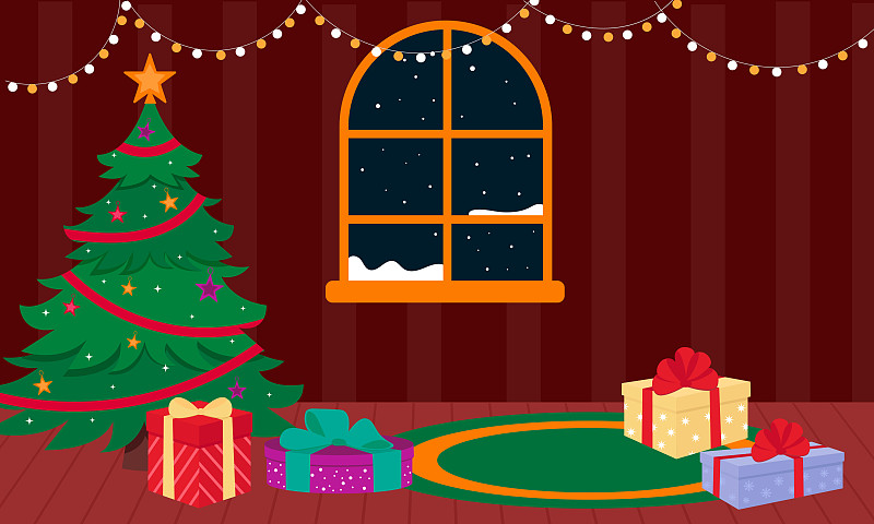 一棵挂满礼物的圣诞树放在一个窗户很暗的房间里。矢量图下载