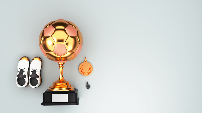 3D渲染金色足球奖杯与奖章徽章，哨子，运动鞋和复制空间在灰色背景。图片下载