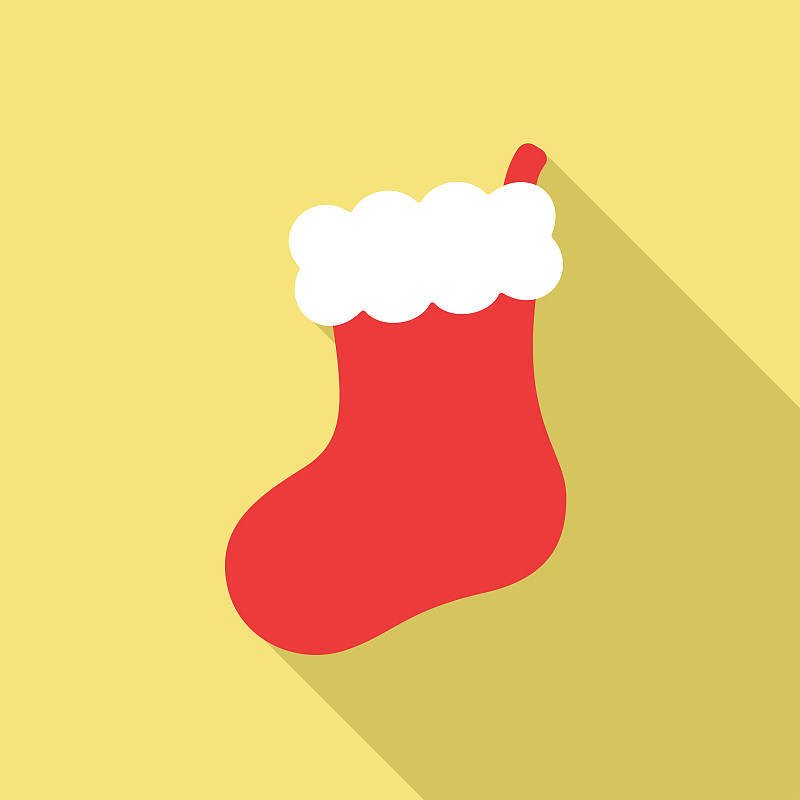 圣诞老人红色毛绒袜袜装饰。简单的平面标志图标，标志，符号，打印矢量插图设计与长阴影隔离元素在黄色背景。图片下载