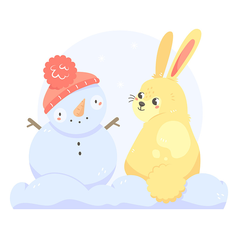 可爱的兔子和卡通风格的雪人。2023年是兔年。一只兔子在雪地里可爱的儿童插画。动物形象的插图。下载