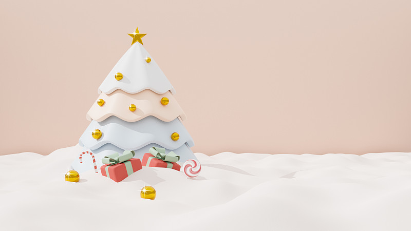圣诞快乐和新年快乐的圣诞树和礼盒上的糖果雪花，色调柔和的背景。三维渲染图片下载