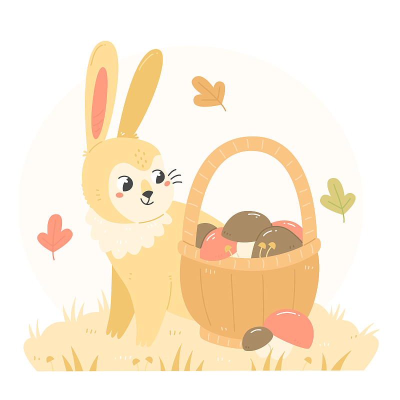 兔子和一篮子蘑菇在平面卡通风格。蘑菇采摘。秋天的儿童插画与兔子。下载