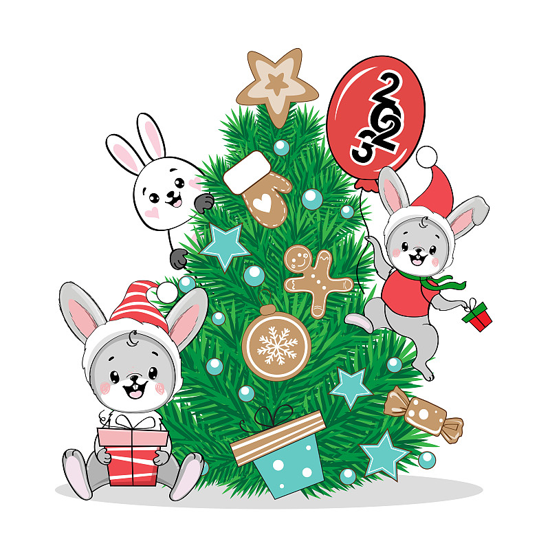圣诞树上装饰着姜饼饼干和圣诞装饰品，白色背景上有兔子2023的标志。圣诞和新年卡片图片下载